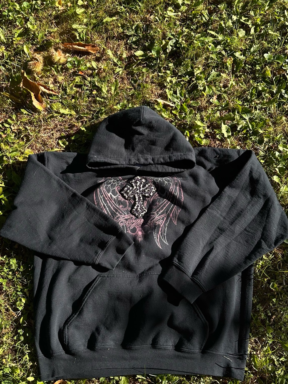Y2K Whimsigoth Grunge Black Hoodie with Embroidered Cross & Wing Graphic & Gems